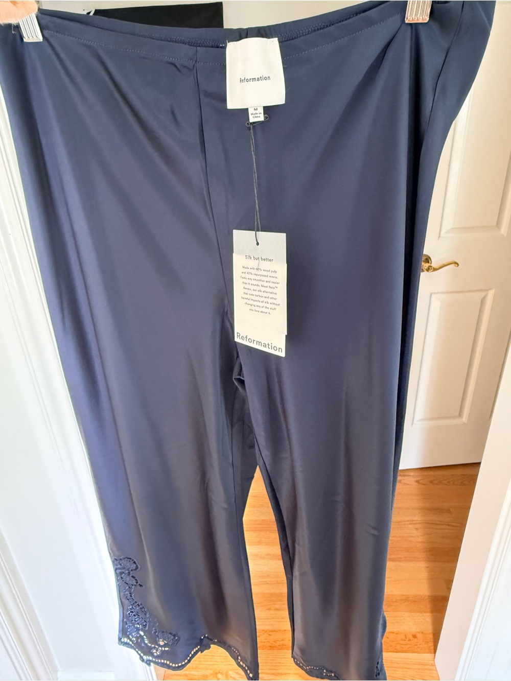 Reformation Navy Satin Cropped Wide-Leg Pants with Side Cutwork - Picture 3 of 5
